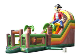 Order an inflatable multifunctional slide in the pirate theme with a splash pool, impressive 3D object, fresh colors and the 3D obstacles for children. Buy inflatable slides now online at JB Inflatables America