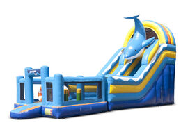 Order an inflatable multifunctional slide in the dolphin theme with a splash pool, impressive 3D object, fresh colors and the 3D obstacles for children. Buy inflatable slides now online at JB Inflatables America