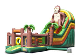Unique gorilla-themed inflatable slide with a splash pool, impressive 3D object, fresh colors and the 3D obstacles for children. Order inflatable slides now online at JB Inflatables America