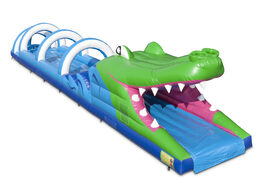 Order an inflatable 18meter belly slide in a crocodile theme for your kids online. Buy inflatable belly slides now online at JB Inflatables America