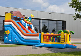 Multifunctional inflatable slide in a beach theme with a splash pool, impressive 3D object, fresh colors and the 3D obstacles for children. Buy inflatable slides now online at JB Inflatables America