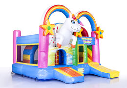 Order medium inflatable multiplay bouncer in rainbow unicorn theme with slide for children. Order inflatable bouncers online at JB Inflatables America