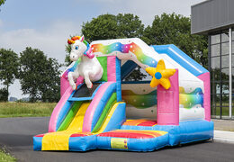 Inflatable slide combo unicorn-themed bounce house for sale at JB Inflatables America. Buy inflatable bounce houses for kids now