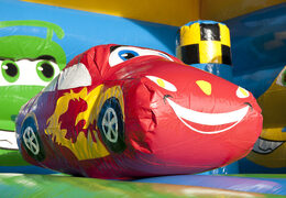 Buy covered multifun bouncer with slide in car theme with 3D object on the roof for both young and older children. Order inflatable bouncers online at JB Inflatables America