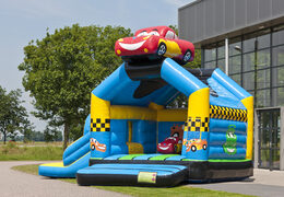 Buy a multifun bounce house in a car theme with a striking 3D figure on the roof for kids. Order bounce houses online at JB Inflatables America