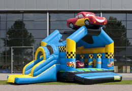 Order covered multifun bouncy castle with slide in the theme cars with 3D object at the top for both young and older children. Buy inflatable bouncy castles online at JB Inflatables America