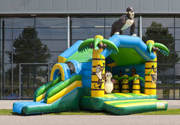 Buy an inflatable multifun bounce house with a jungle theme, a roof and a 3D object of a gorilla on top for kids at JB Inflatables America. Order bounce houses online at JB Inflatables America