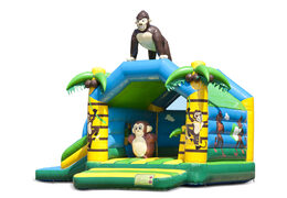 Buy an inflatable indoor multifun bouncy castle with slide in a jungle theme with a gorilla for children. Order inflatable bouncy castles online at JB Inflatables America