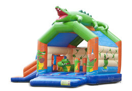 Buy an inflatable indoor multiplay multifun bounce house with slide in a crocodile theme for children. Order inflatable bounce houses online at JB Inflatables America