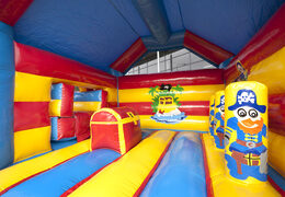 Order covered multifun bounce house with slide in pirate theme with 3D object at the top for both young and older children. Buy inflatable bounce houses online at JB Inflatables America