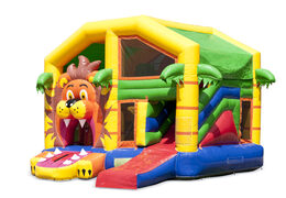Buy an inflatable indoor multiplay bouncy castle with slide in a lion theme for children. Order inflatable bouncy castles online at JB Inflatables America