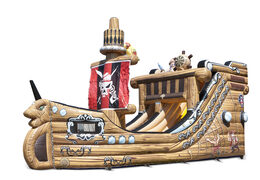 Pirate ship inflatable slide in a striking shape with cool 3D objects and full color prints for your children. Order inflatable slides now online at JB Inflatables America