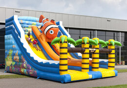 Buy a seaworld themed inflatable slide with fun 3D figures and colorful prints for children. Order inflatable slides now online at JB Inflatables America