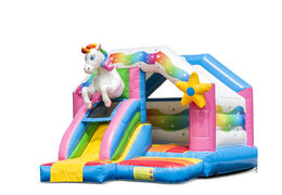 Buy inflatable indoor slide combo bounce house with slide in unicorn theme for children. Order inflatable bounce houses online at JB Inflatables America