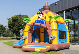 Buy covered multifun super bounce house with slide in pirate theme for children. Order inflatable bounce houses online at JB Inflatables America