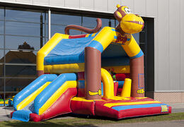 Order covered multifun bouncy castle with slide in monkey theme with 3D object at the top for both young and older children. Buy inflatable bouncy castles online at JB Inflatables America