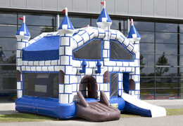 Medium inflatable multiplay bounce house with slide in castle theme for children. Order inflatable bounce houses online at JB Inflatables America
