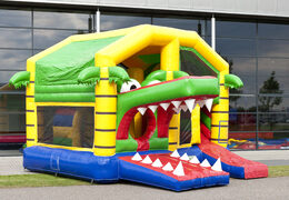 Multiplay bounce house with slide in crocodile theme for children. Buy inflatable bounce houses online at JB Inflatables America