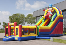 Buy unique inflatable slide in the theme of clown with a splash pool, impressive 3D object, fresh colors and the 3D obstacles for children. Order inflatable slides now online at JB Inflatables America