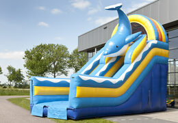 Unique multifunctional slide in a dolphin theme with a splash pool, impressive 3D object, fresh colors and the 3D obstacles for children. Buy inflatable slides now online at JB Inflatables America