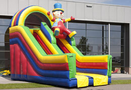 Unique multifunctional slide in clown theme with a splash pool, impressive 3D object, fresh colors and the 3D obstacles for children. Buy inflatable slides now online at JB Inflatables America