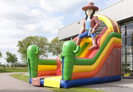 Large inflatable multifunctional slide in a beach theme with a splash pool, impressive 3D object, fresh colors and the 3D obstacles for children. Order inflatable slides now online at JB Inflatables America