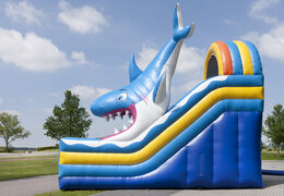 Multifunctional shark-themed inflatable slide with a splash pool, impressive 3D object, fresh colors and the 3D obstacles for kids. Order inflatable slides now online at JB Inflatables America
