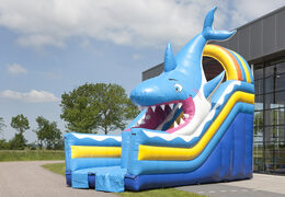 Inflatable multifunctional slide in shark theme with a splash pool, impressive 3D object, fresh colors and the 3D obstacles for kids. Buy inflatable slides now online at JB Inflatables America