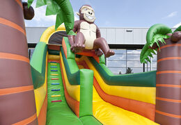 Multifunctional inflatable slide in gorilla theme with a splash pool, impressive 3D object, fresh colors and the 3D obstacles for kids. Order inflatable slides now online at JB Inflatables America