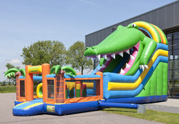 Get your inflatable multifunctional crocodile themed slide with a plunge pool, impressive 3D object, fresh colors and the 3D obstacles online now. Buy inflatable slides at JB Inflatables America
