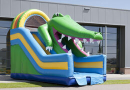 Impressive inflatable crocodile themed slide with a splash pool for kids. Buy inflatable slides now online at JB Inflatables America