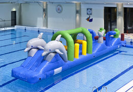 Cool dolphin themed pool run with challenging obstacle objects for both young and old. Order inflatable pool games now online at JB Inflatables America