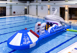 Order an inflatable shark-themed slide for both young and old. Buy inflatable water attractions online now at JB Inflatables America