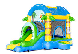 Buy a large indoor inflatable bouncy castle in the theme of jungle fun with a slide for children. Order inflatable bouncy castles online at JB Inflatables America