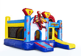 Medium inflatable multiplay bounce house in superhero theme for children. Order inflatable bounce houses online at JB Inflatables America