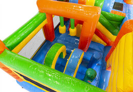 Medium inflatable multiplay bounce house in party theme with slide for children. Order inflatable bounce houses online at JB Inflatables America