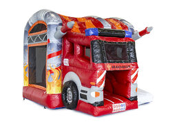 Mini inflatable multiplay bounce house in fire brigade theme for children. Order inflatable bounce houses online at JB Inflatables America