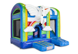 Mini inflatable multiplay bounce house in unicorn theme for children. Order inflatable bounce houses online at JB Inflatables America