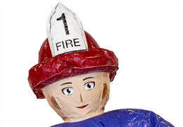 Order a fire brigade bounce house in a unique design with two entrances, a slide in the middle and 3D objects for kids. Buy bounce houses online at JB Inflatables America 