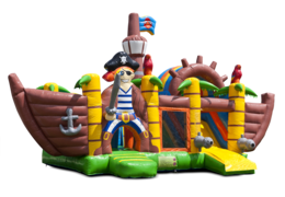 Buy an inflatable indoor multiplay bounce house with slide in pirate ship theme for children. Order inflatable bounce houses online at JB Inflatables America