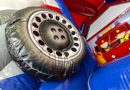 Inflatable slide combo bounce house in firefighter theme to buy at JB Inflatables America. Buy inflatable bounce houses with slide and red color for kids