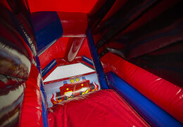 Inflatable slide combo firefighter-themed bouncer for sale at JB Inflatables America. Inflatable bouncers with slide for kids available to buy in red and blue colors