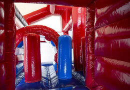 Medium inflatable multiplay bounce house with slide in fire department theme for children. Order inflatable bounce houses online at JB Inflatables America