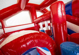 Medium inflatable bounce house in fire department theme with slide and pillars on the jumping surface, buy for children. Order inflatable bounce houses online at JB Inflatables America
