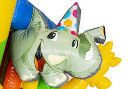 Mini multiplay bouncy castle in party theme with slide to buy for kids. Order mini inflatable bouncy castles with slide at JB Inflatables America