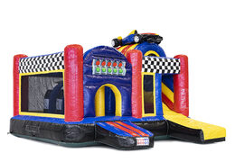Multiplay bounce house in theme formula 1 with slide for children. Buy inflatable bounce houses online at JB Inflatables America
