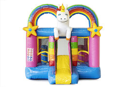 Buy mini inflatable bounce house in colorful unicorn theme with slide. Inflatable bounce houses for kids for sale at JB Inflatables America