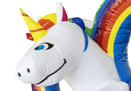 Unicorn-themed mini inflatable bouncy castle with slide to buy for kids. Order inflatable bouncy castles with slide online at JB Inflatables America