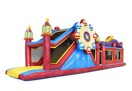 Order a 17 meter wide unique rollercoaster themed obstacle course with 7 game elements and colorful objects for children. Buy inflatable obstacle courses online now at JB Inflatables America