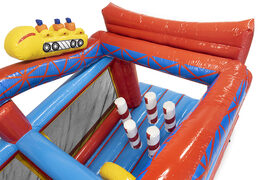 Buy a 17 meter wide rollercoaster themed obstacle course with 7 game elements and colorful objects for kids. Order inflatable obstacle courses now online at JB Inflatables America